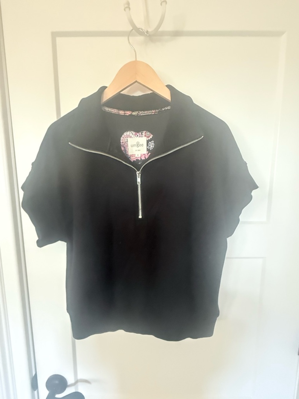 Umgee Black Short Sleeve Zip-Front Top with Floral Trim
